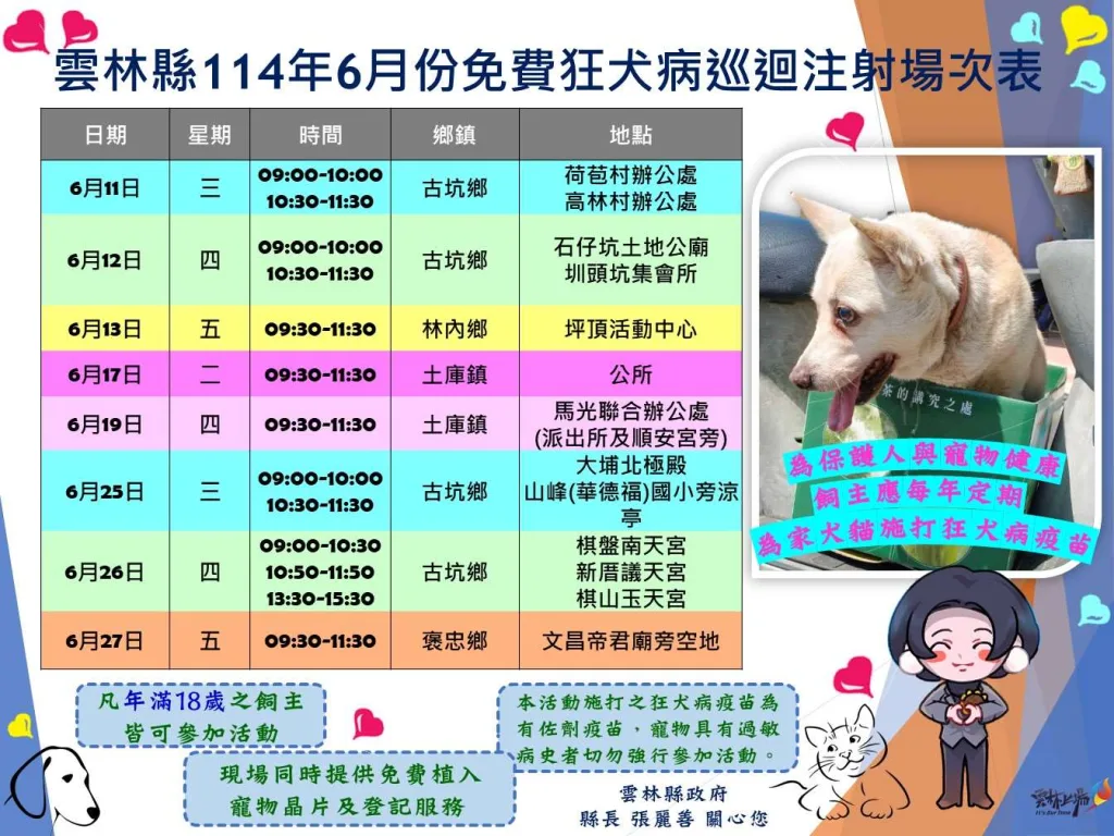 雲林縣6月份免費狂犬病疫苗