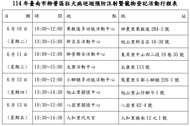 台南市柳營區狂犬病疫苗接種活動