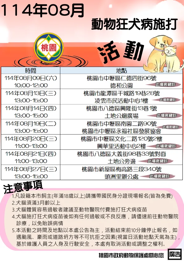 2025年8月桃園市免費狂犬病疫苗注射活動（圖片來源：桃園市政府動保處）