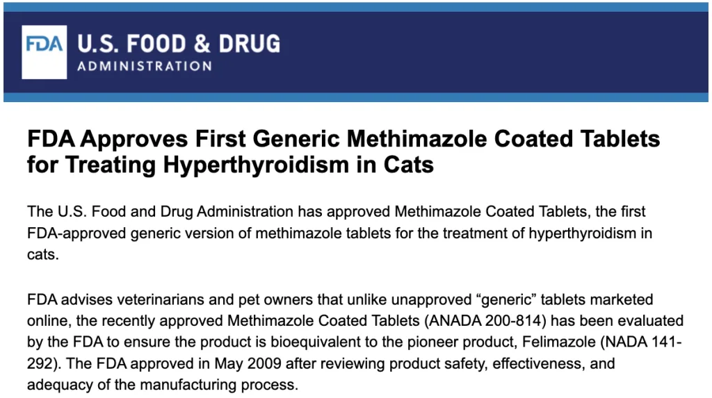美國FDA核准全球首款學名Methimazole