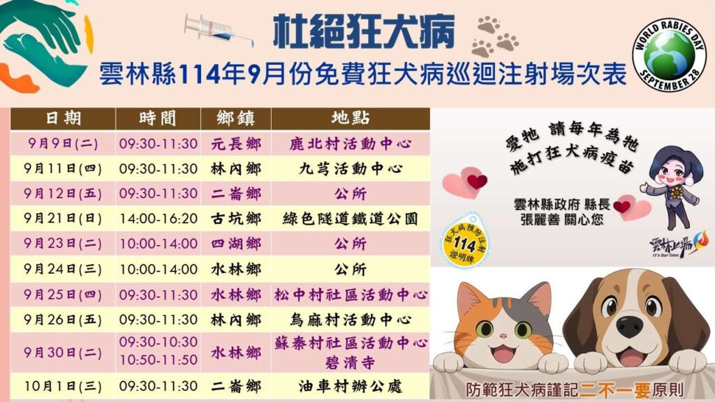 雲林縣9-10月免費狂犬病疫苗