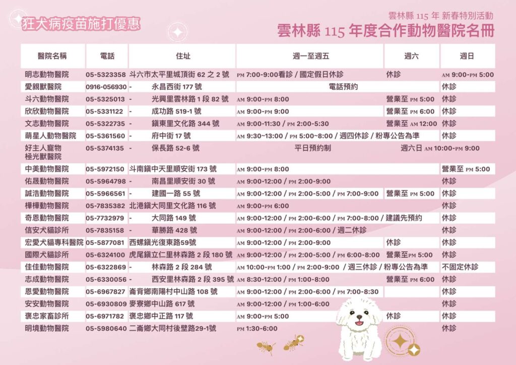 雲林縣2026年狂犬病疫苗優惠合作院所（圖片來源：雲林縣動物防疫所）